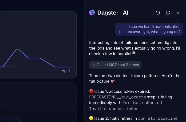 Dagster+ AI investigating materialization failures in the Dagster mobile interface