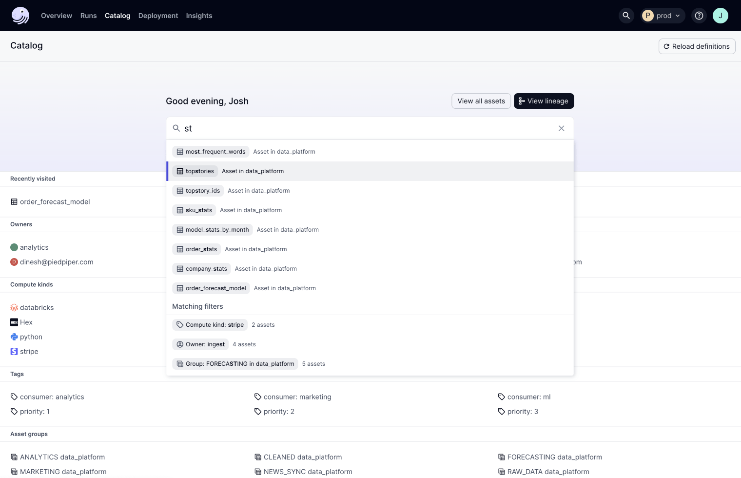 A screenshot of the data cataloging feature in Dagster+.