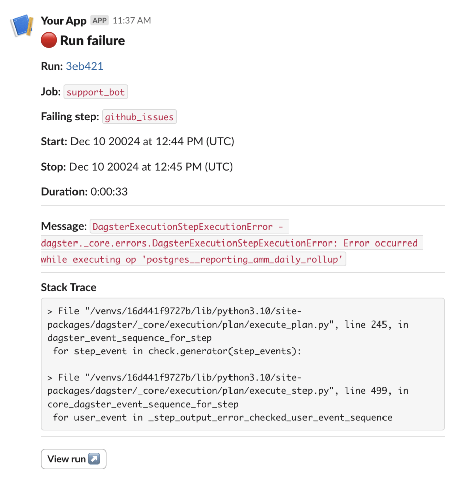 An example alert message showing failure details and stack trace