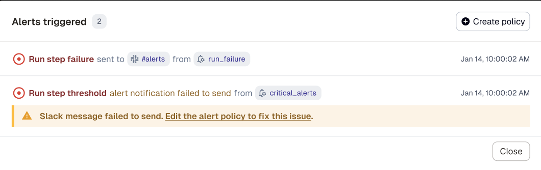 UX in Dagster showing an alert notification that failed to send