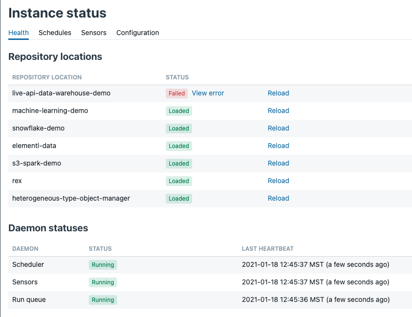 Monitoring the status of a Dagster instance in the Dagit UI