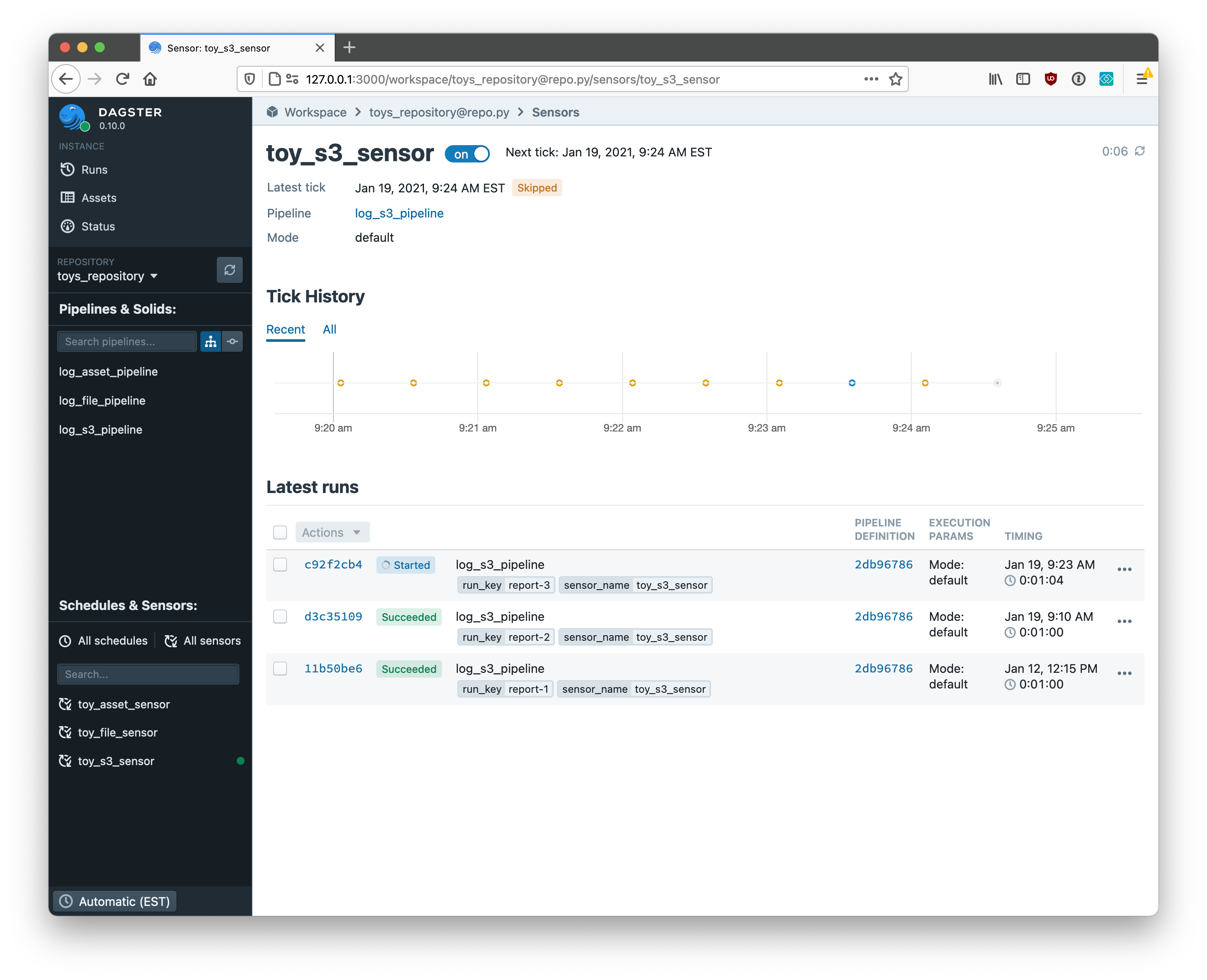 Monitoring the status of a sensor with the Dagit UI