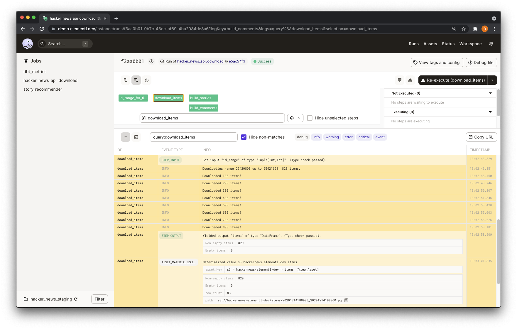 The Dagster event log, viewed in Dagit.