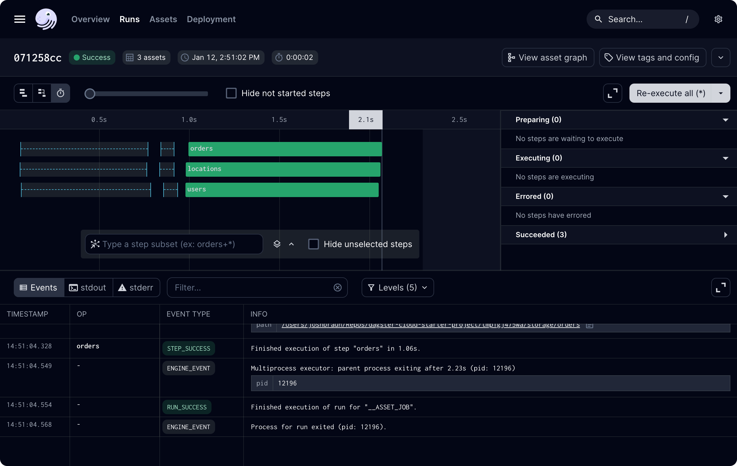 Second screen shot that illustrates the new Dagster UI dark mode in Dagster 1.6.0.
