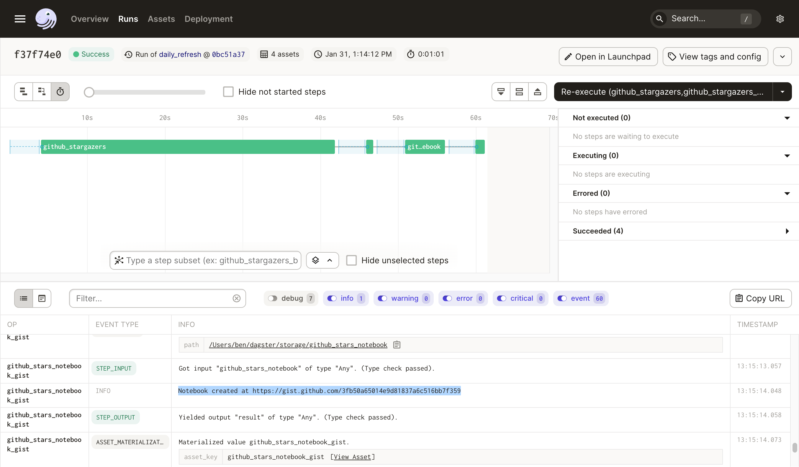 A screenshot of a Dagster run showing a link to a GitHub gist.