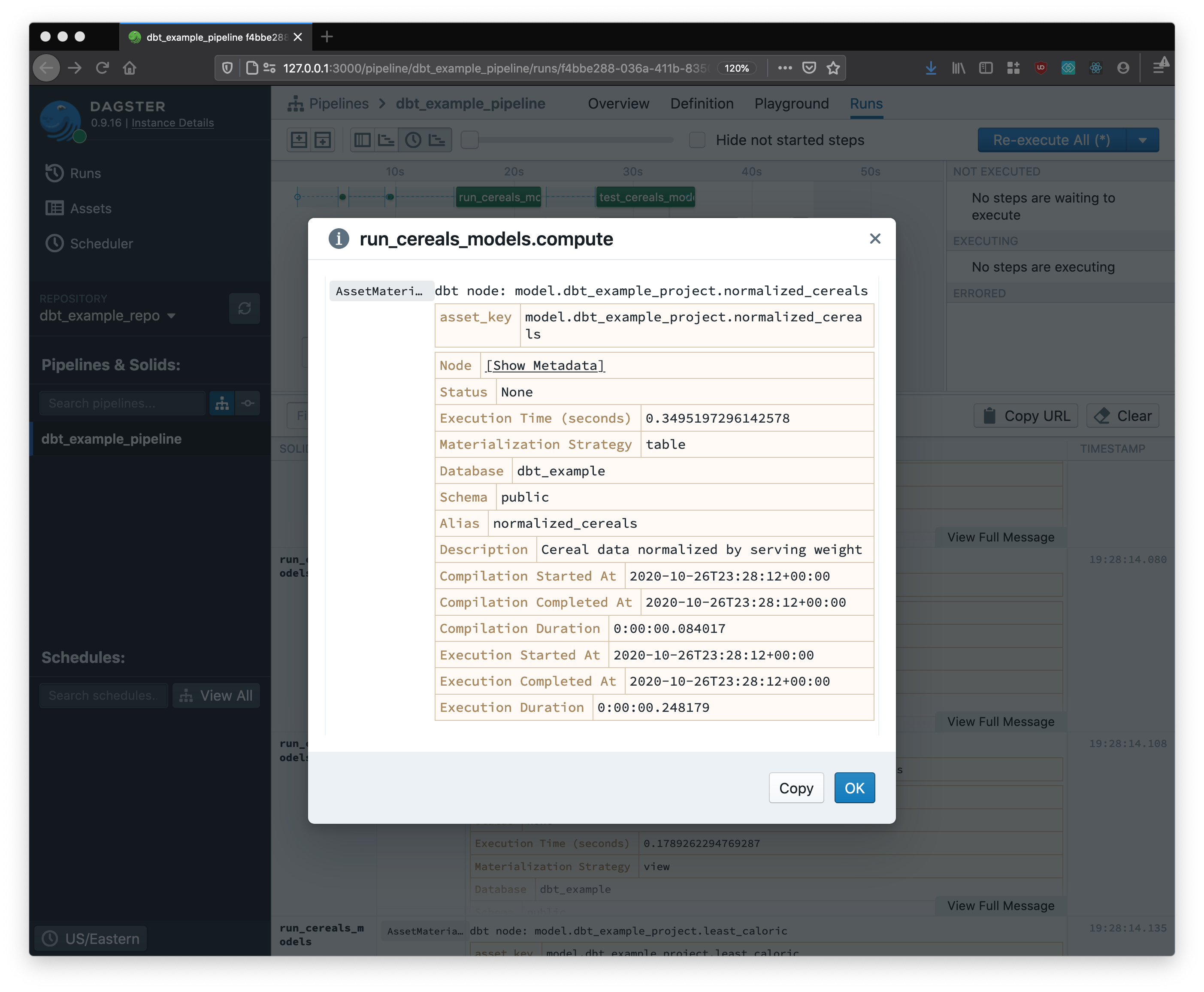 Metadata from a dbt solid execution