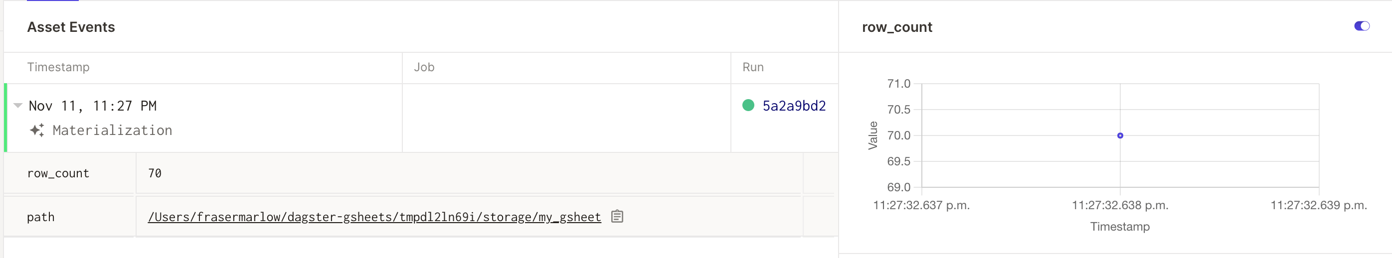 Data asset metadata displayed in Dagit.