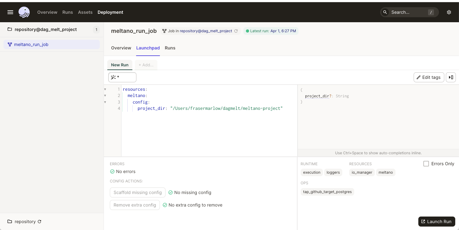 Configuring a Dagster run in the launchpad wth Meltano project location