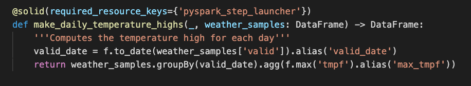 A PySpark asset. Pure business logic, executable on a local cluster, EMR, Databricks, etc
