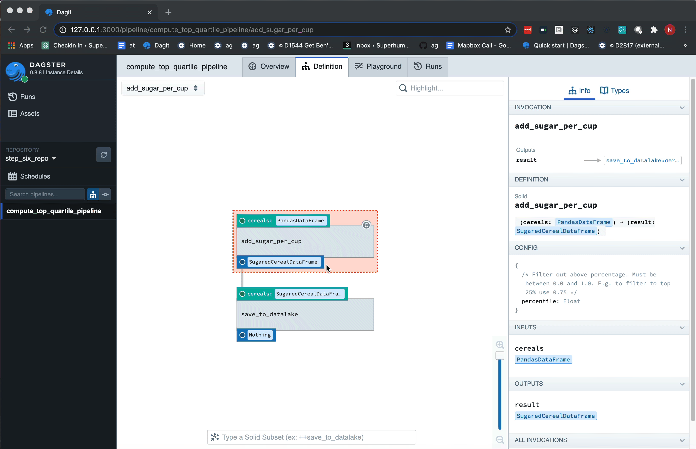 Loading, configuring, executing the example into Dagit and viewing the asset it produced.